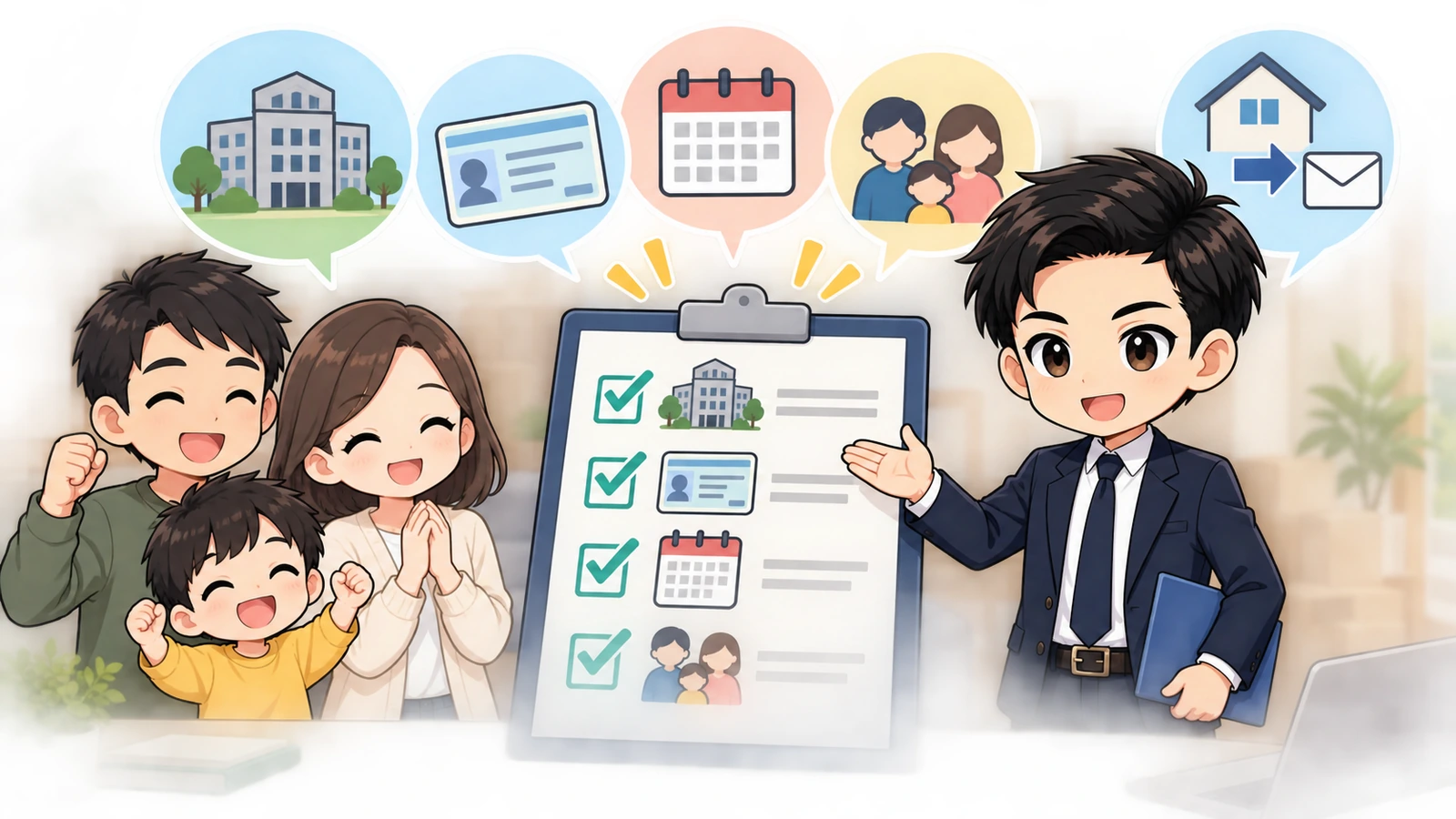 ざわ先生が「引っ越し後の在留カード住所変更|14日以内の届出と持ち物」の確認ポイントをまとめるイラスト