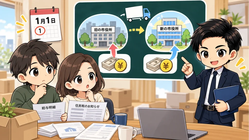 ざわ先生が引っ越し後の住民税を1月1日の住所地・給与天引き・納付書で説明するイラスト