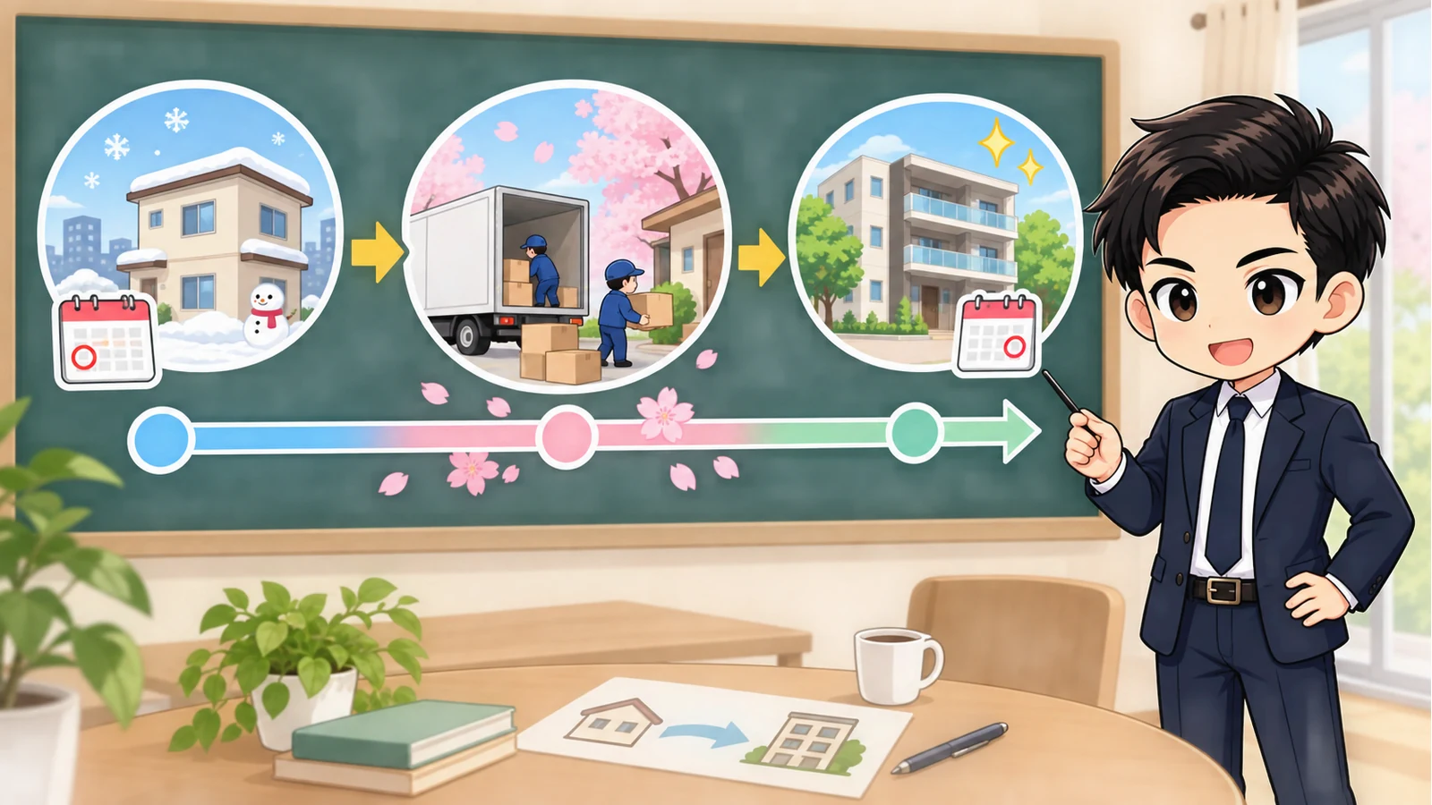 ざわ先生が1月1日の旧住所地と引っ越し翌年度の新住所地を時系列で説明する図解