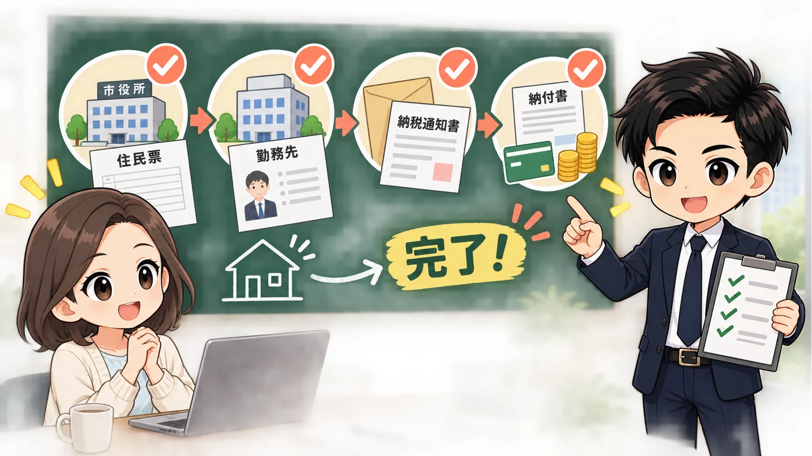 ざわ先生が「引っ越し後の住民税はどこに払う？1月1日基準と納付方法」の確認ポイントをまとめるイラスト