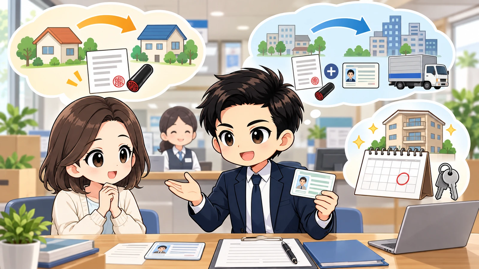 ざわ先生が引っ越し時の印鑑登録手続きを転居・転出・転入に分けて説明するイラスト