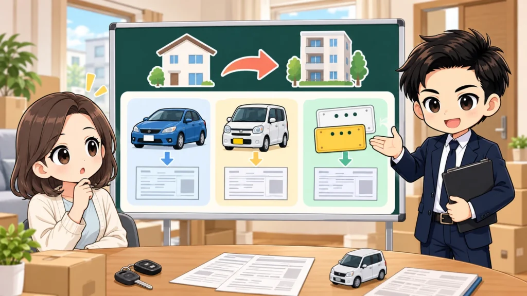 ざわ先生が引っ越し後の車検証住所変更を車と書類で説明するイラスト