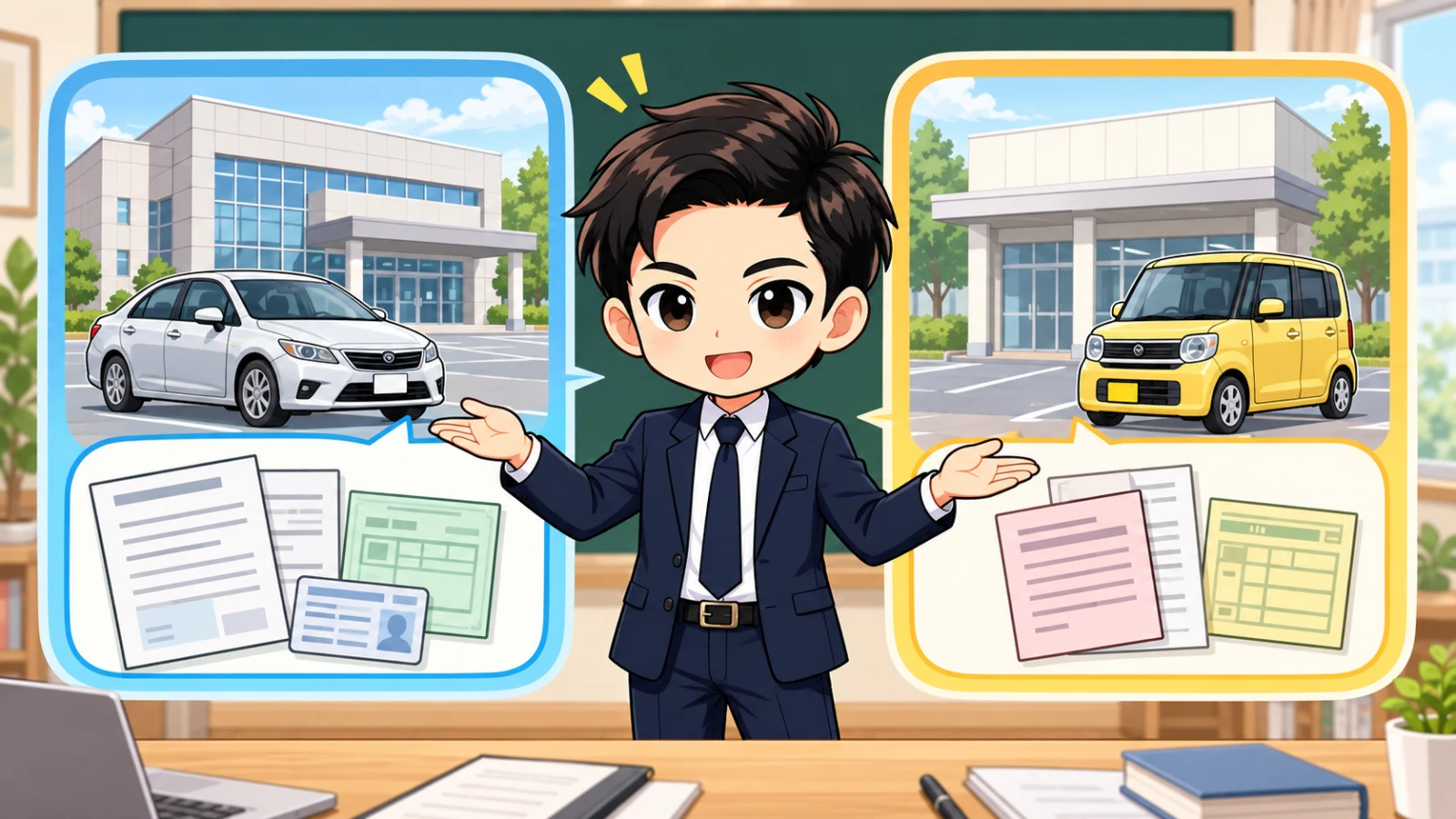 ざわ先生が普通車の運輸支局と軽自動車の検査協会、必要書類を分けて説明する図解