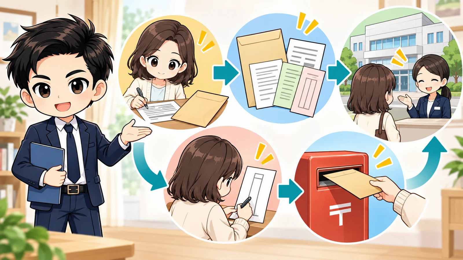 ざわ先生が旧住所地への投票用紙請求と新住所地での不在者投票の流れを示す図解