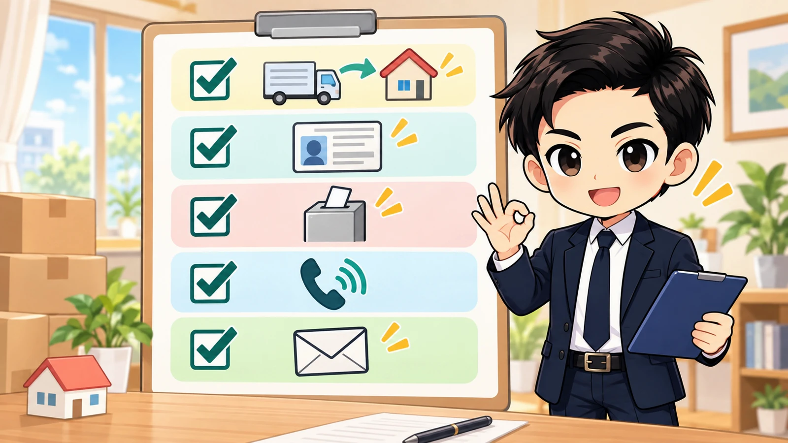 ざわ先生が「引っ越し後の選挙はどこで投票?3か月未満の確認手順」の確認ポイントをまとめるイラスト