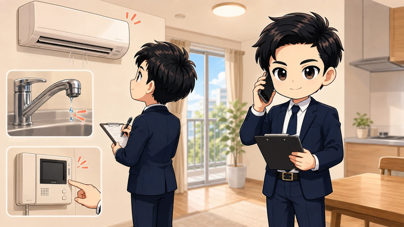 ざわ先生が新居の設備を分解せず動作確認して管理会社へ連絡する場面