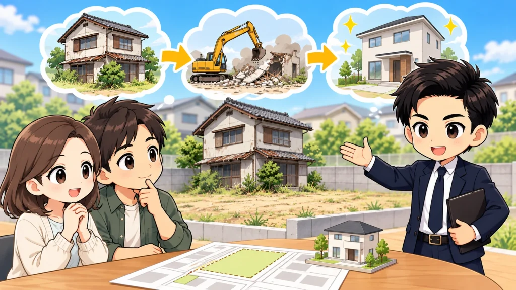 ざわ先生が古家付き土地の解体・建築・契約条件を購入前に確認するイラスト