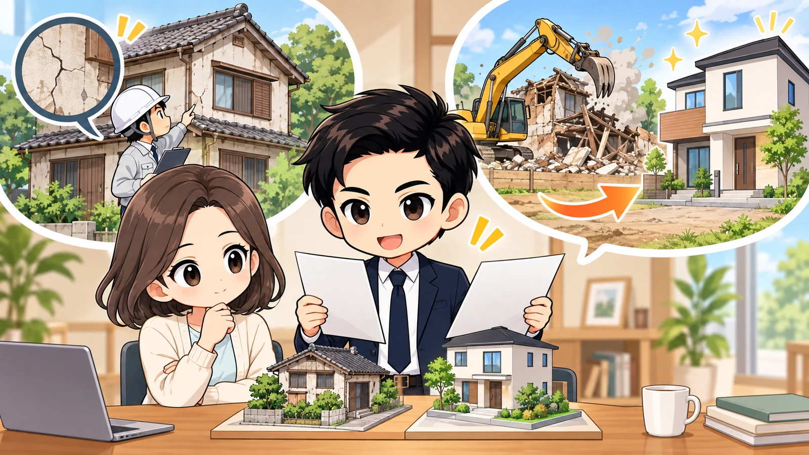 ざわ先生が古家を再利用する案と解体して建て替える案を資料で比較する図解