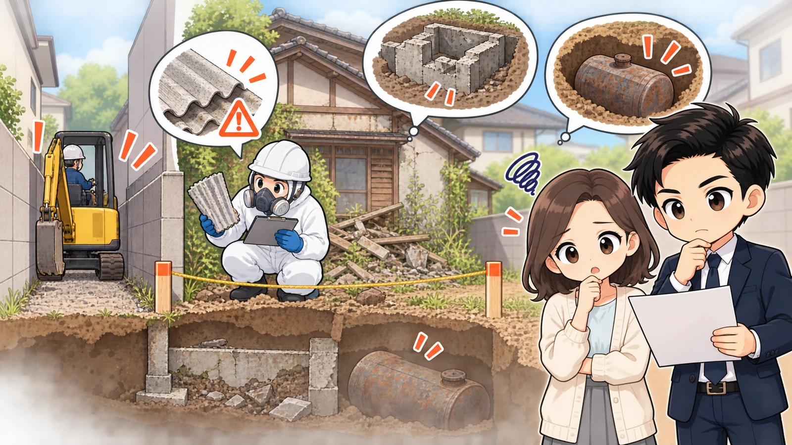 ざわ先生が古家の解体見積、石綿調査、地中物、境界、搬出経路を確認する図解
