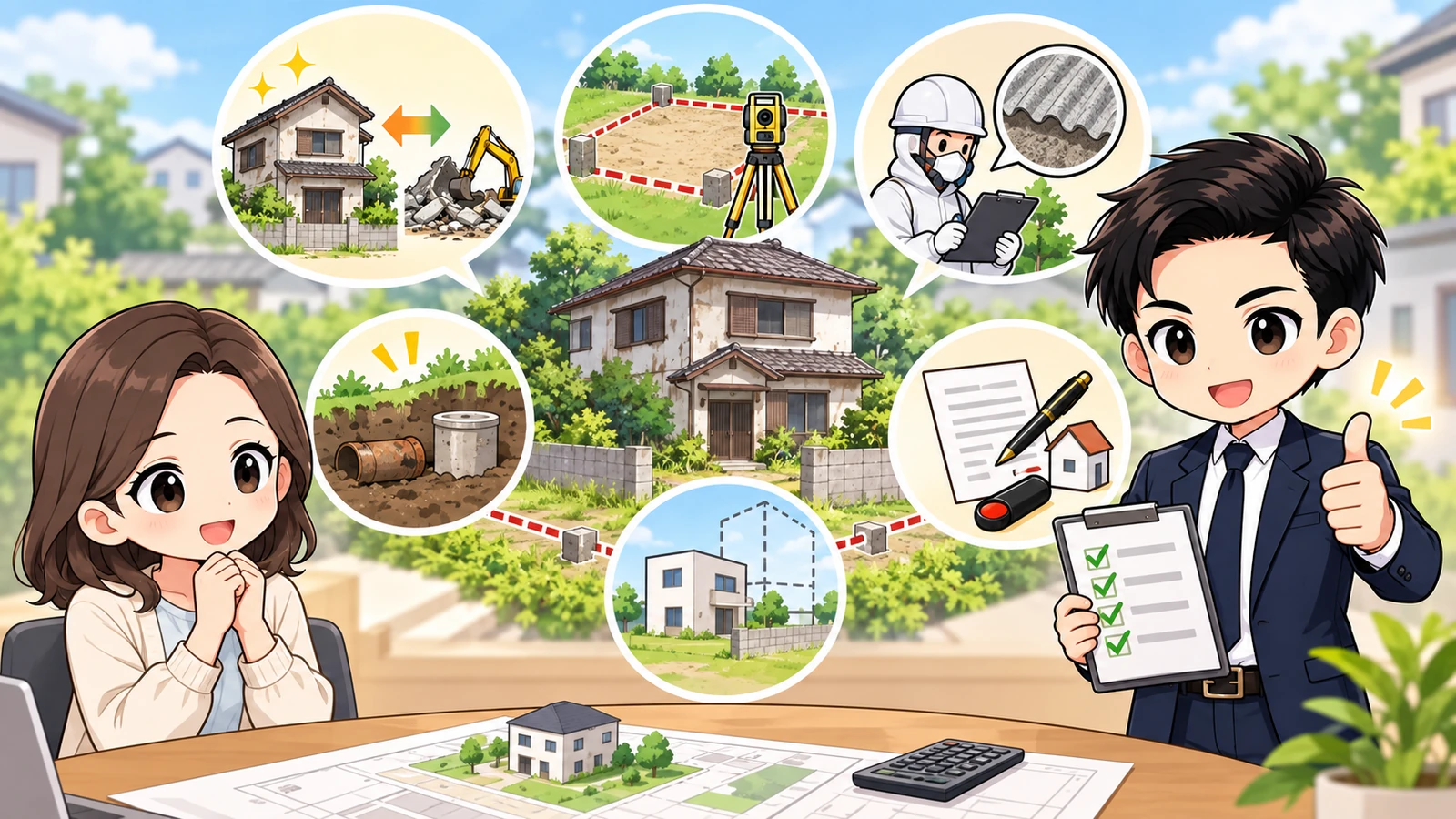 ざわ先生が「古家付き土地を買う前の注意点|解体・建築・契約条件を確認」の確認ポイントをまとめるイラスト