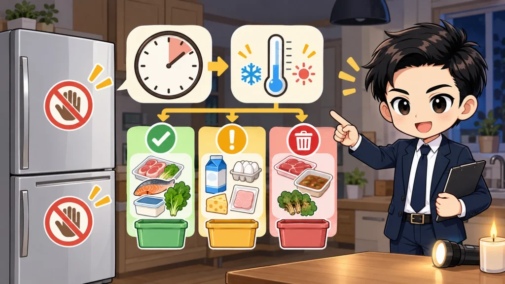 ざわ先生が停電時の冷蔵庫で扉を閉じる・時間を記録する・食品を判断する順番を説明するイラスト