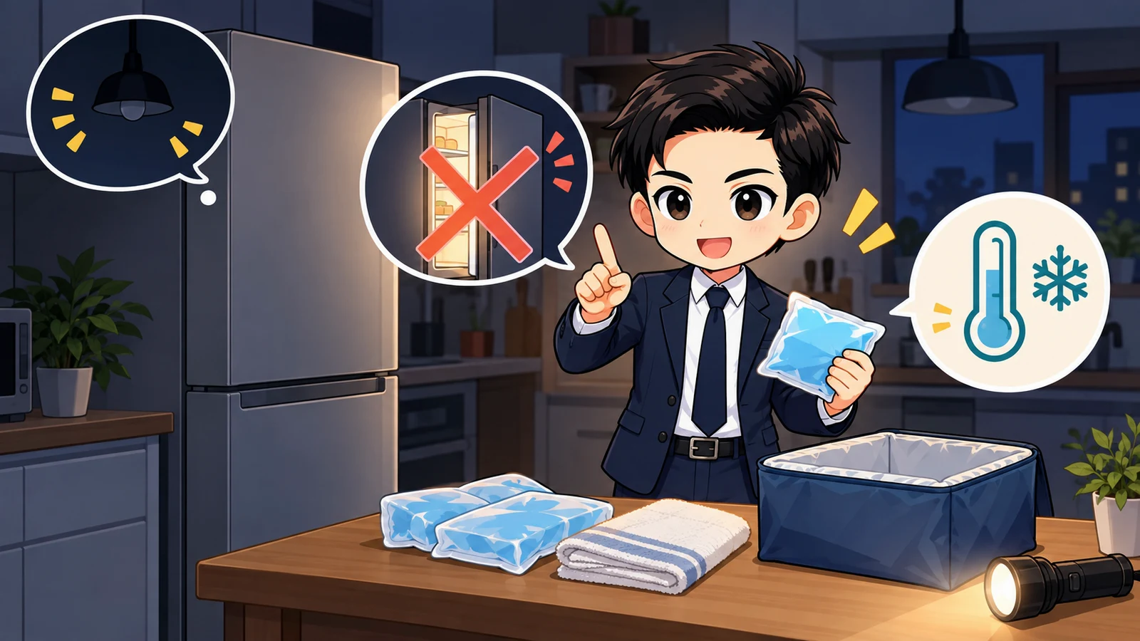 ざわ先生が停電開始時刻を記録し冷蔵庫と冷凍庫の扉を閉じたまま保冷する図解