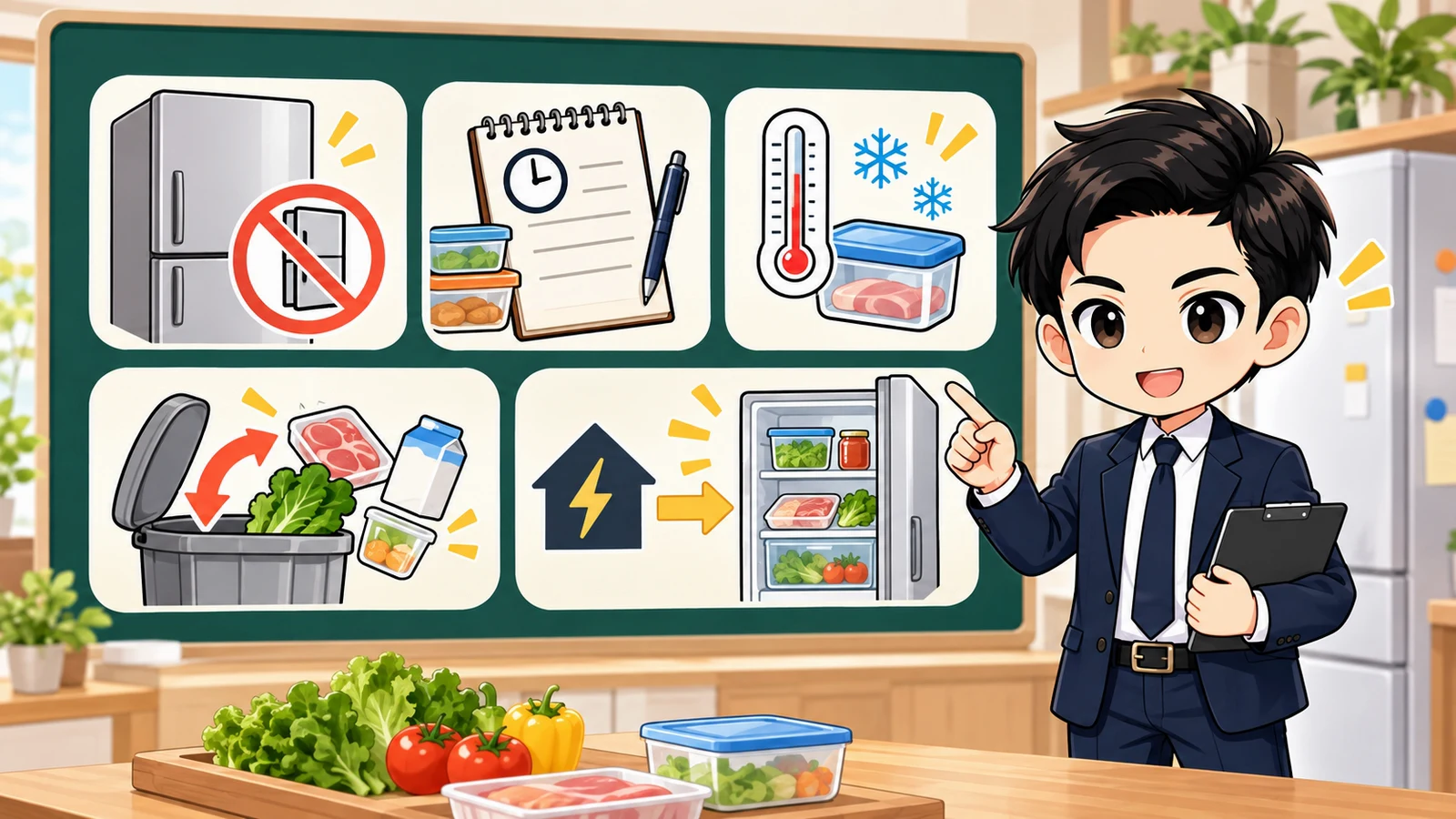 ざわ先生が「停電で冷蔵庫は何時間もつ?食品を守る開閉・廃棄判断」の確認ポイントをまとめるイラスト