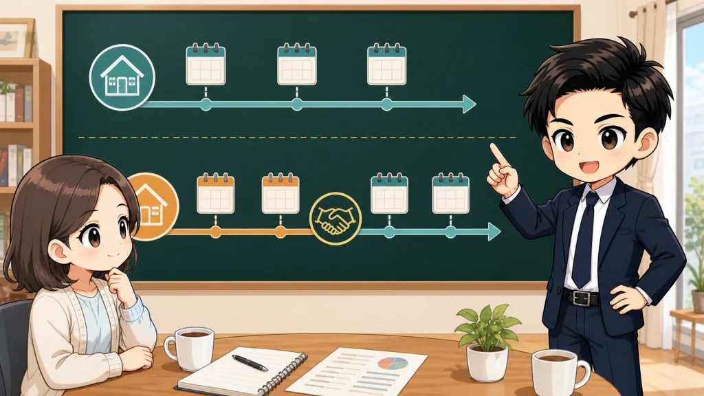 ざわ先生が普通借家と定期借家の違いを借主へ説明するイラスト