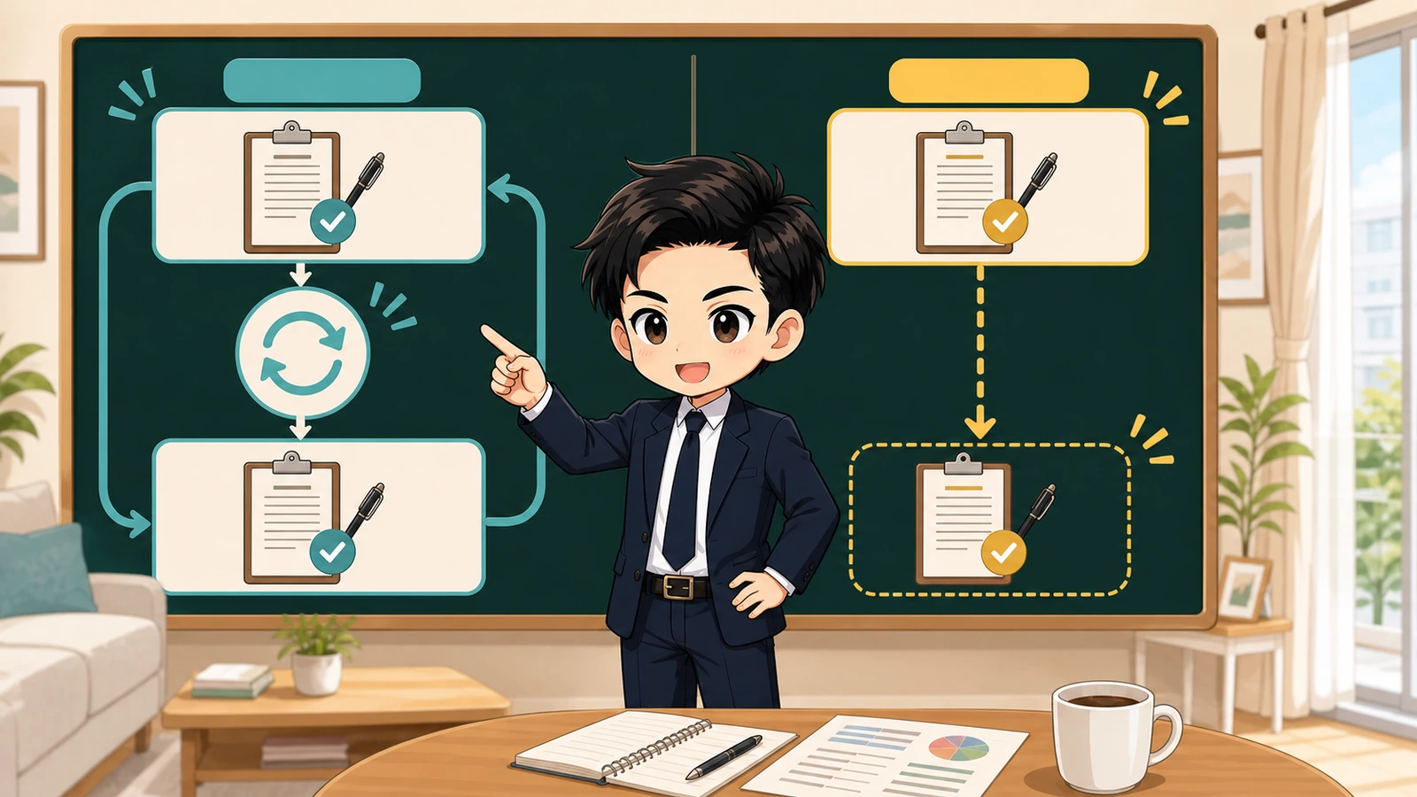 ざわ先生が普通借家の更新と定期借家の再契約を比較するイラスト