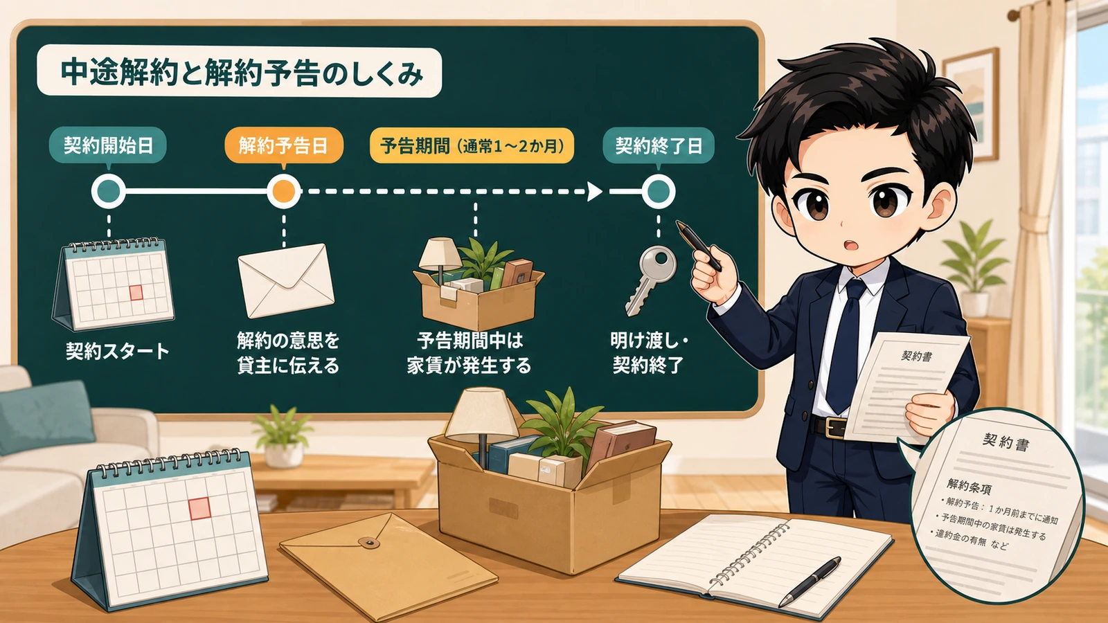 ざわ先生が中途解約条項と期間満了通知の時系列を示すイラスト