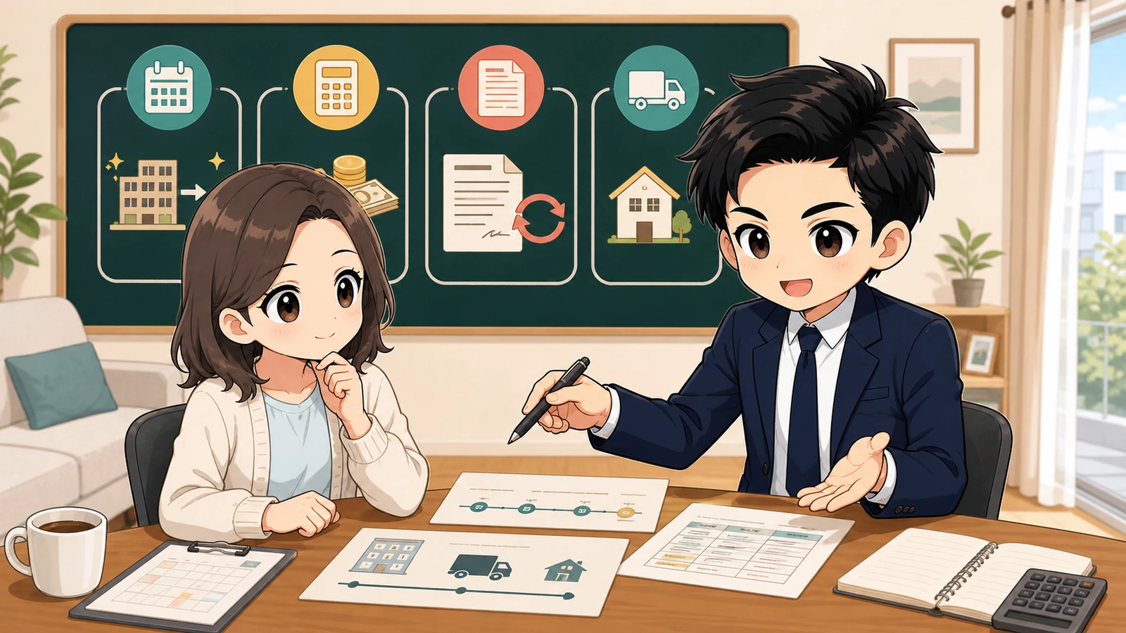ざわ先生が借主と契約期間・費用・居住予定を照合するイラスト