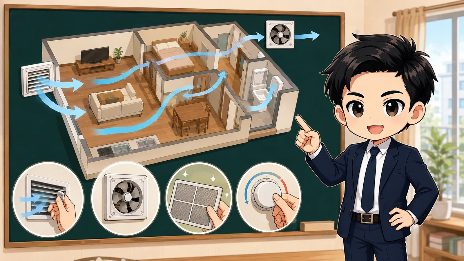ざわ先生が賃貸住宅の24時間換気を止めずに使う確認ポイントを説明するイラスト