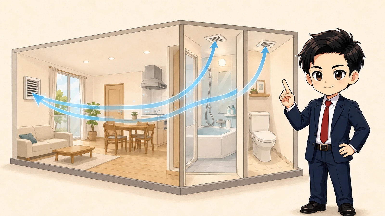 ざわ先生が賃貸住宅の給気口から浴室やトイレの排気口へ流れる空気を説明する図解