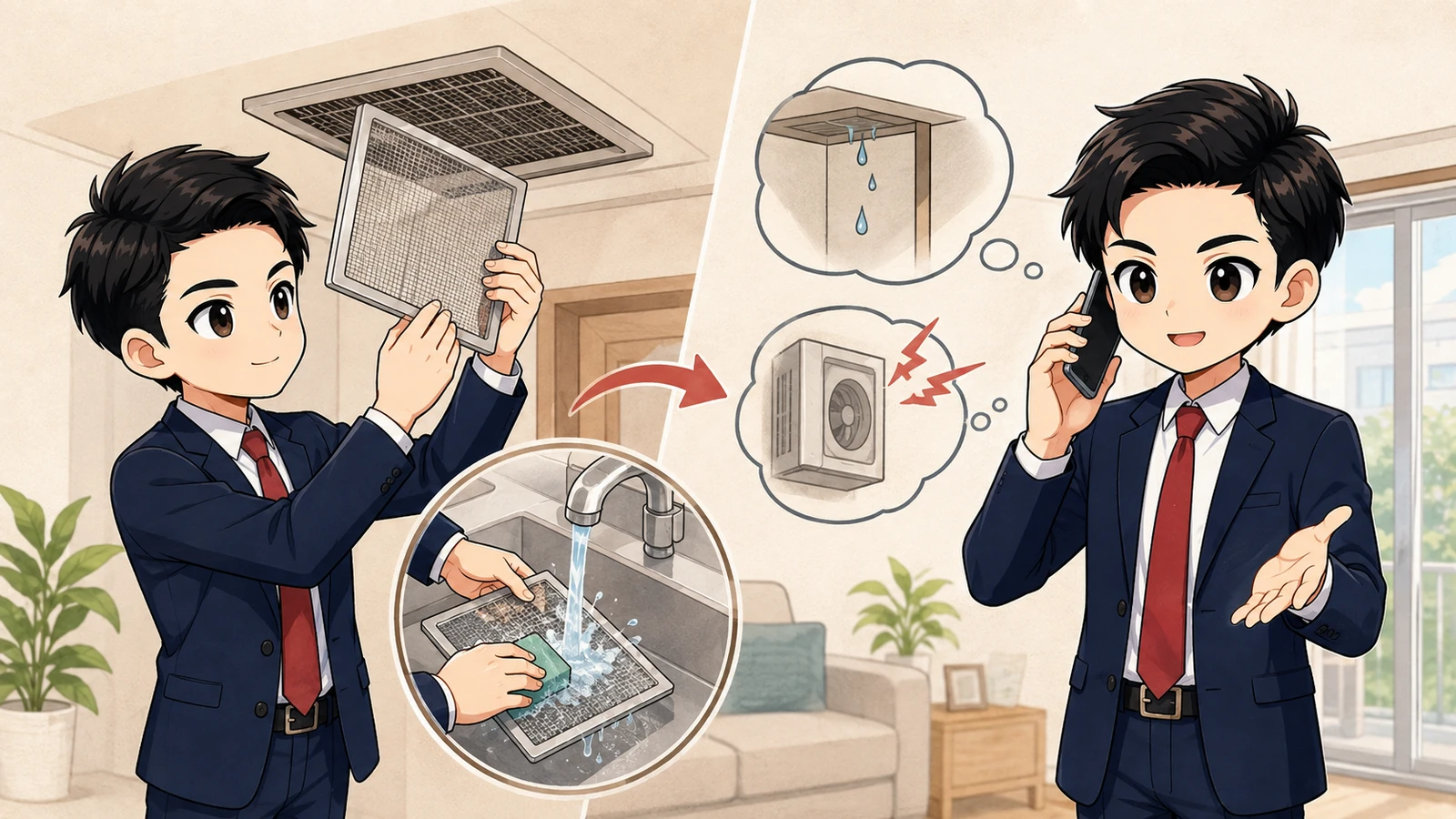 ざわ先生が給気口フィルターの掃除と管理会社への連絡判断を説明する場面