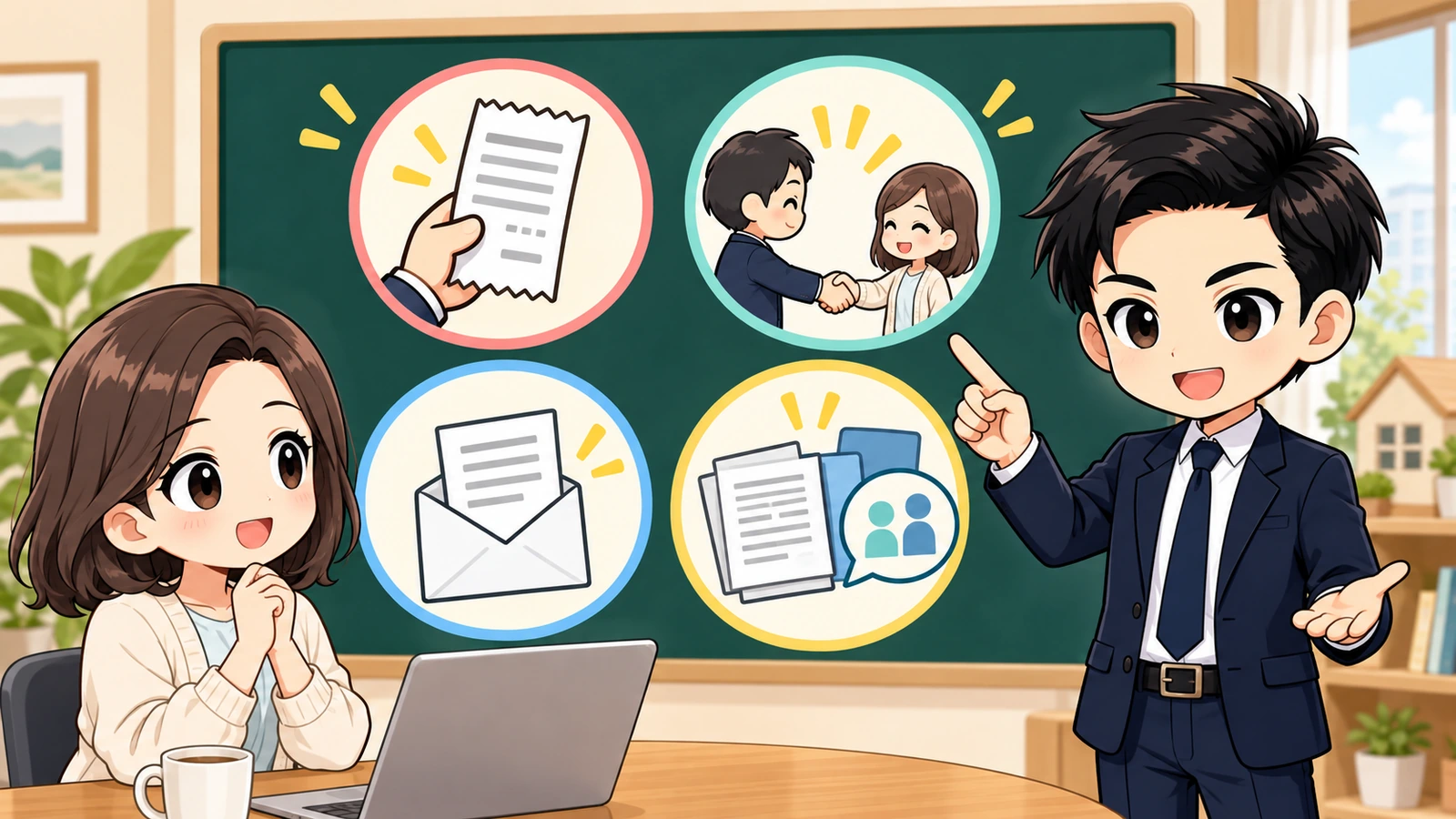 ざわ先生が「賃貸の申込金・預り金は返金される?契約前後の確認と請求手順」の確認ポイントをまとめるイラスト