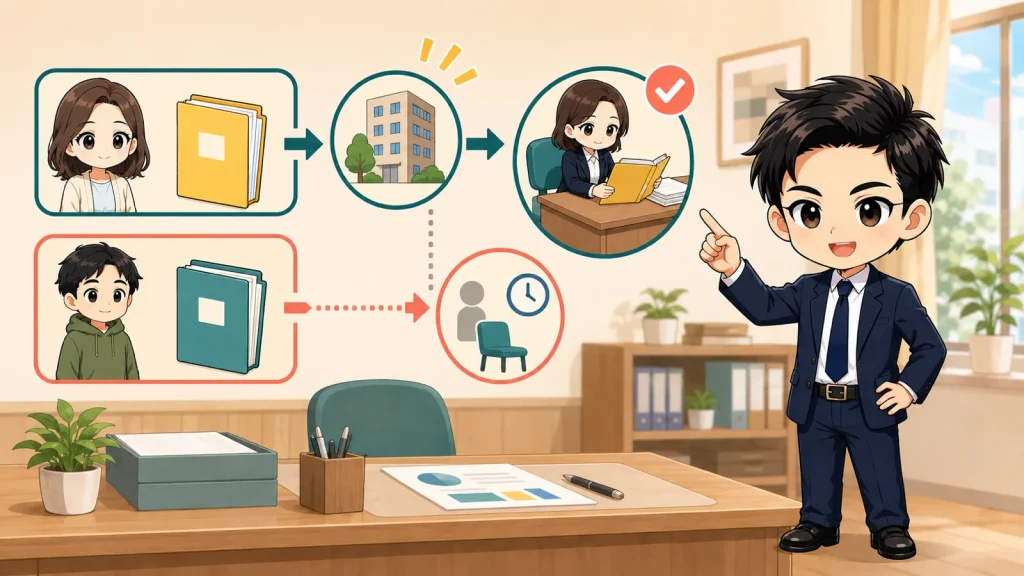 ざわ先生が賃貸申込の1番手と2番手の違いを借主へ説明するイラスト