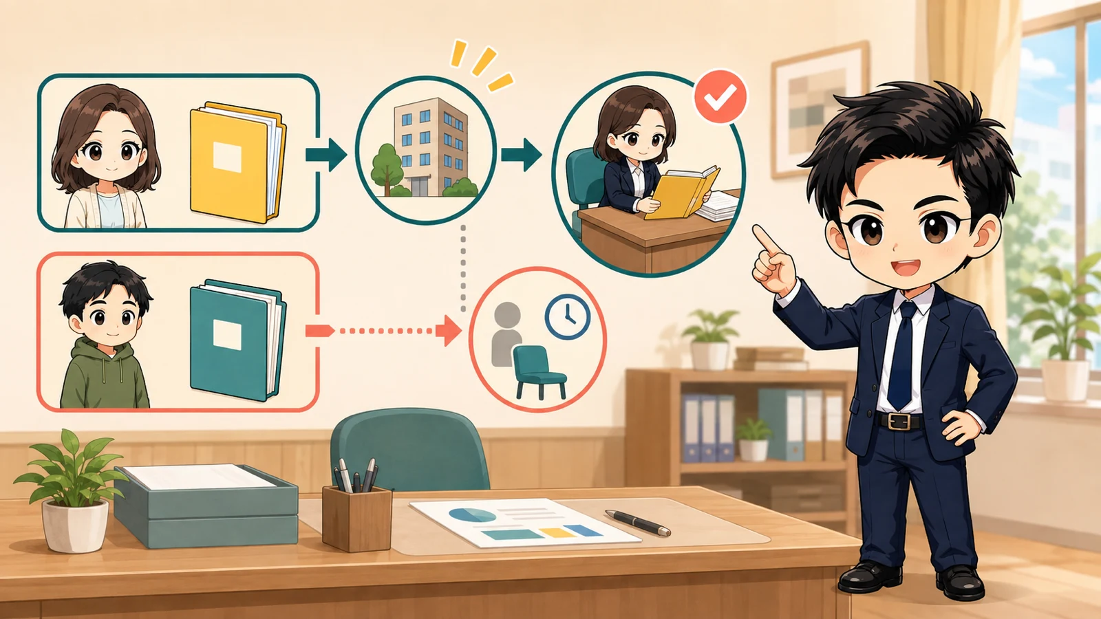 ざわ先生が賃貸申込の1番手と2番手の違いを借主へ説明するイラスト