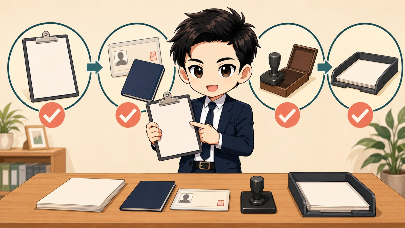 ざわ先生が賃貸申込書の正式受付と順番を確認するイラスト