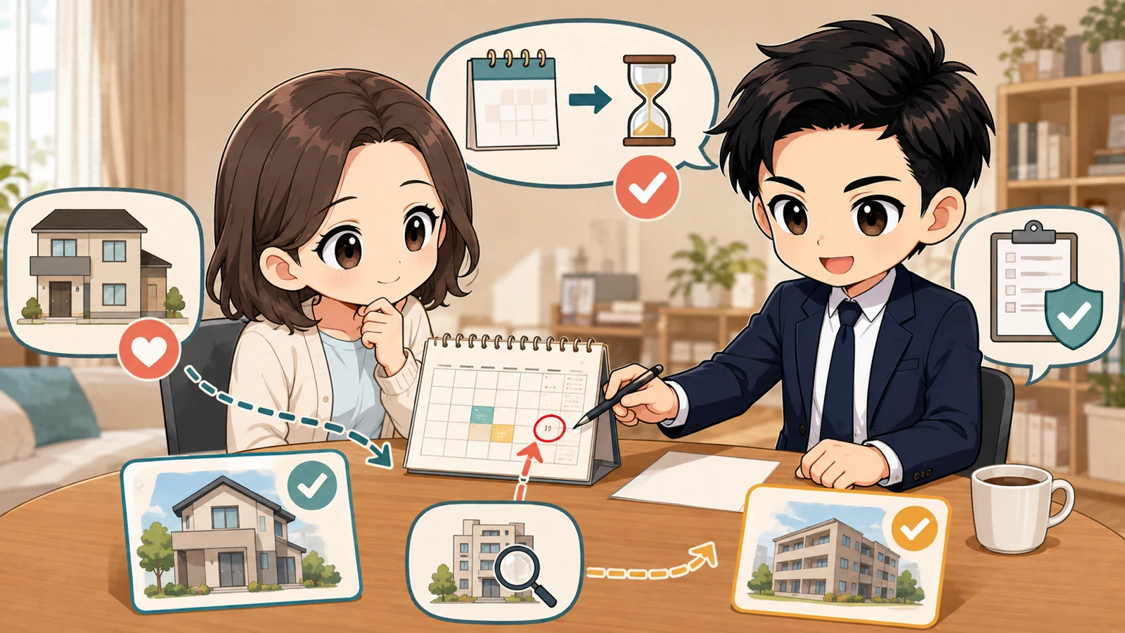 ざわ先生が2番手で待つ期限と別物件の並行検討を整理するイラスト