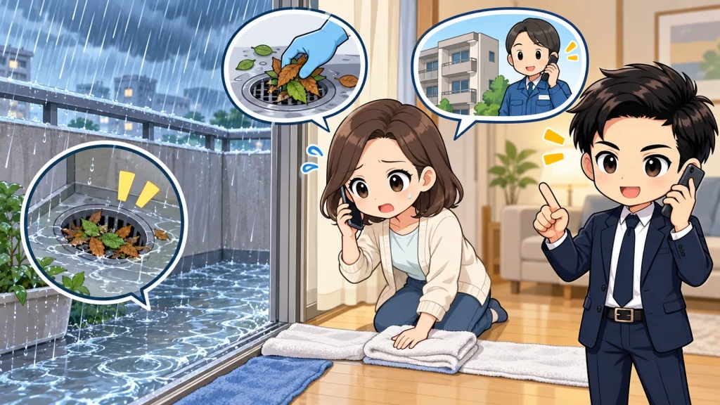 ざわ先生が賃貸ベランダの排水口詰まりで室内浸水を防ぐ応急対応と連絡順を説明するイラスト