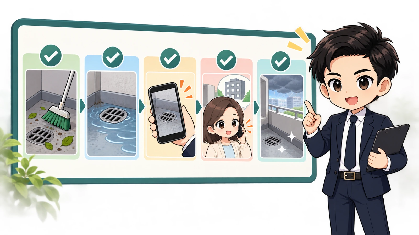 ざわ先生が「賃貸のベランダ排水口が詰まったら|大雨時の応急対応と連絡順」の確認ポイントをまとめるイラスト