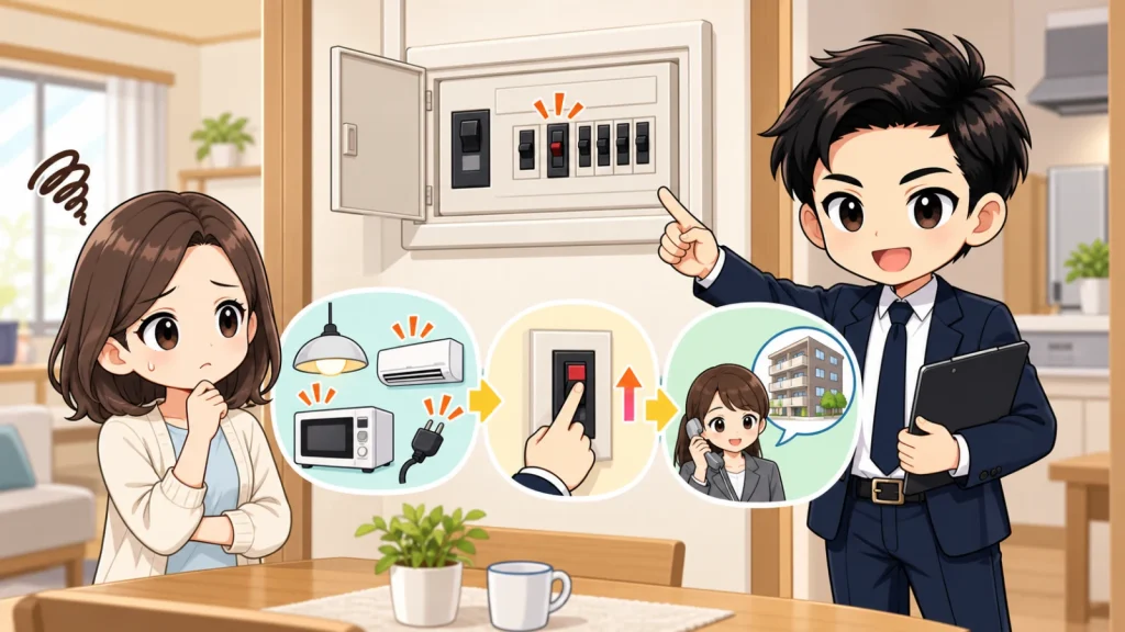 ざわ先生が賃貸でブレーカーが何度も落ちるときの安全な確認順を説明するイラスト