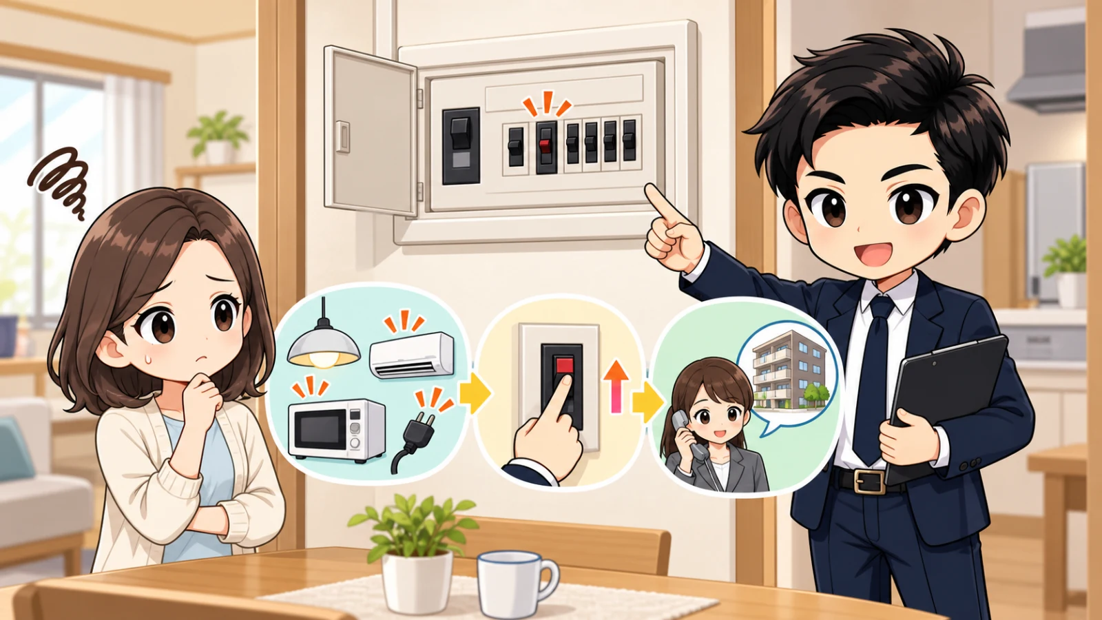 ざわ先生が賃貸でブレーカーが何度も落ちるときの安全な確認順を説明するイラスト