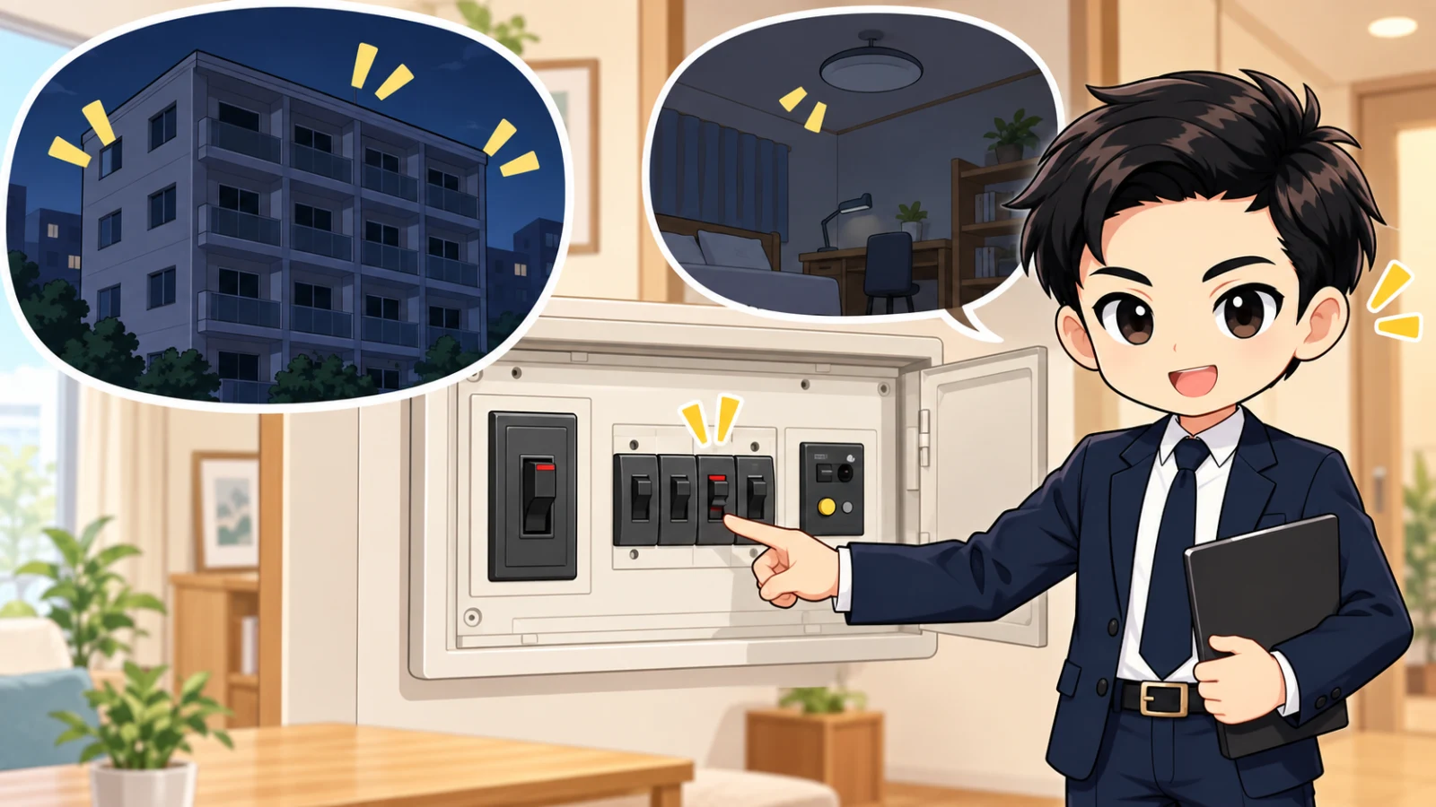 ざわ先生が賃貸住宅の分電盤でアンペア、漏電、安全ブレーカーと停電範囲を確認する図解