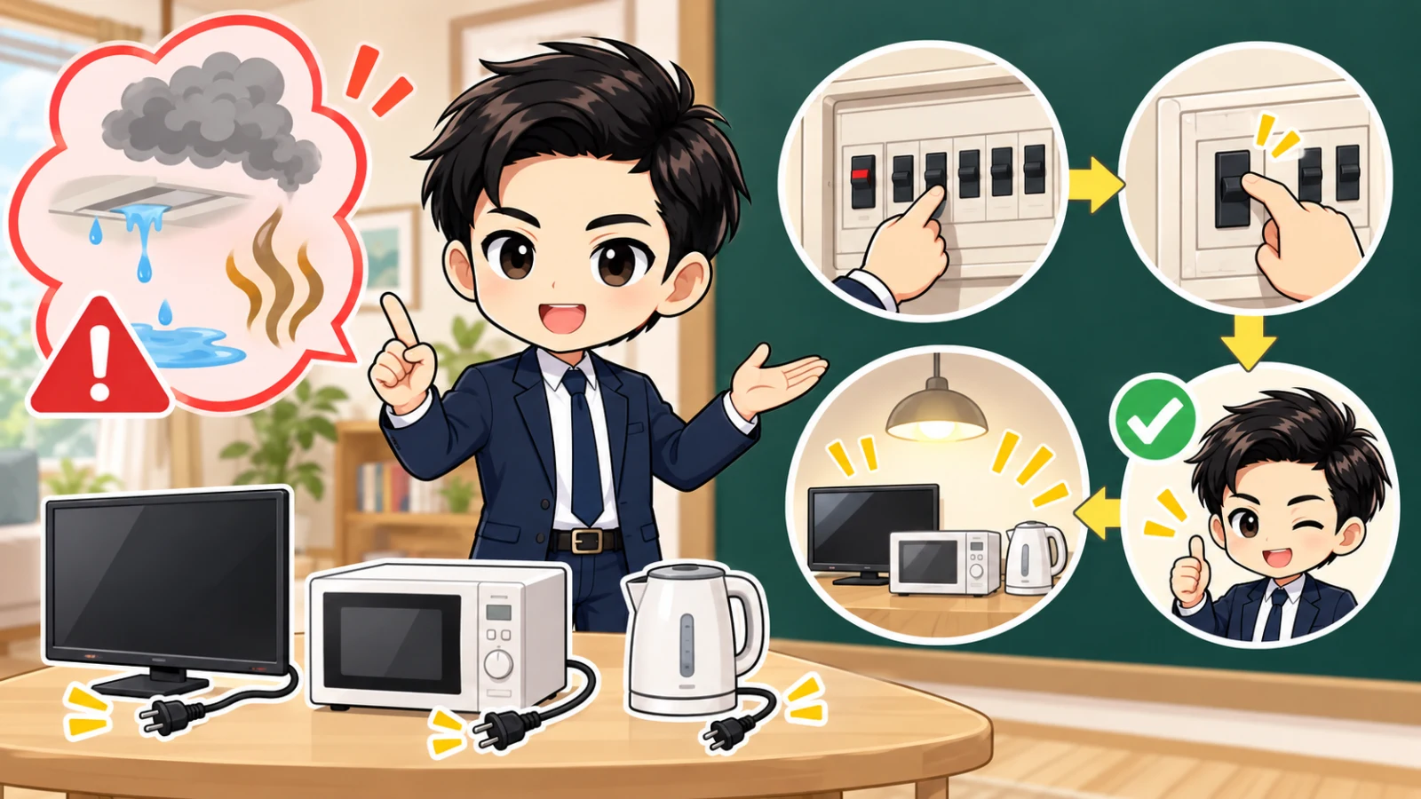 ざわ先生が濡れた手や焦げ臭さを避け、家電プラグを外して一回だけ復旧する手順を説明する図解