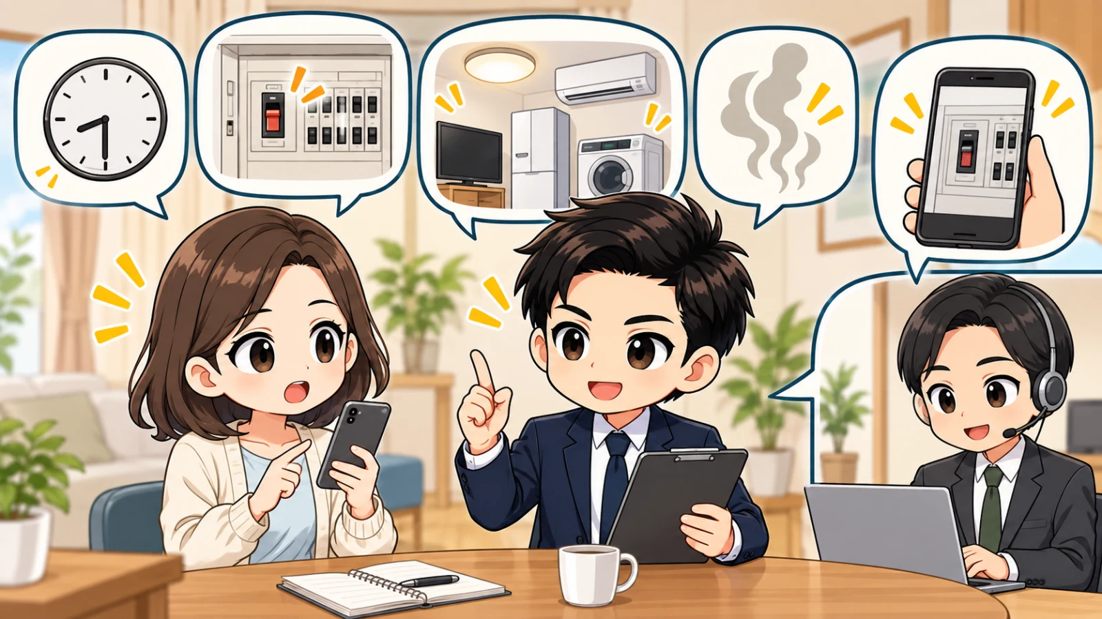 ざわ先生が落ちた時刻、使用家電、回路、異音や臭いの記録を管理会社へ伝える場面