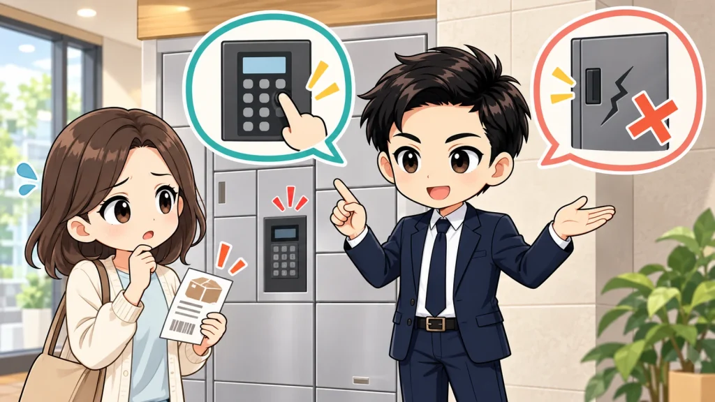 ざわ先生が賃貸の宅配ボックスが開かないときの確認と連絡順を説明するイラスト