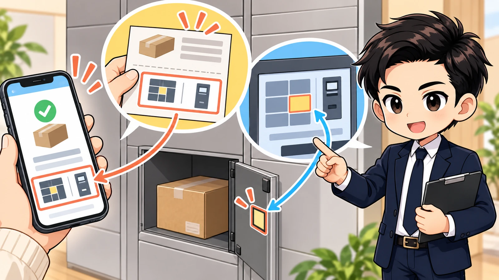 ざわ先生が配達完了通知、不在票、宅配ボックス番号、操作表示を照合する図解