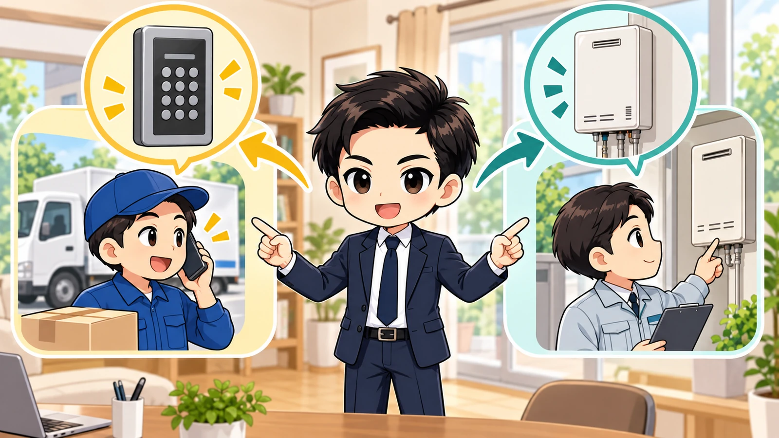 ざわ先生が暗証番号の確認は配送会社、設備故障は管理会社へ連絡する流れを示す図解