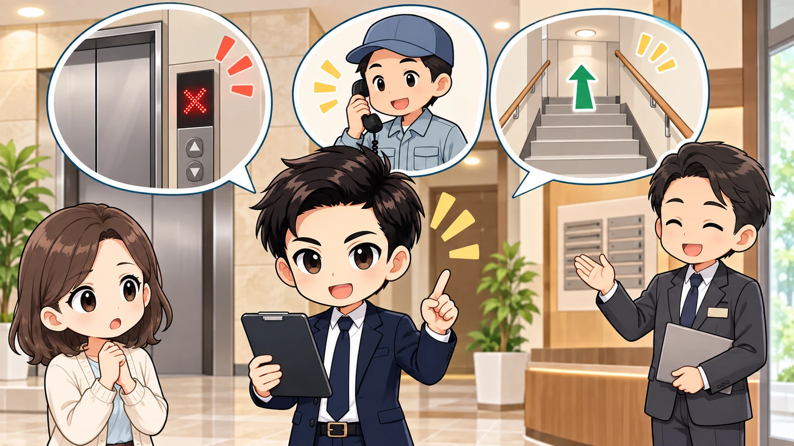 ざわ先生がエレベーター故障時に保守会社・管理会社へ建物情報を伝える順番を示す図解