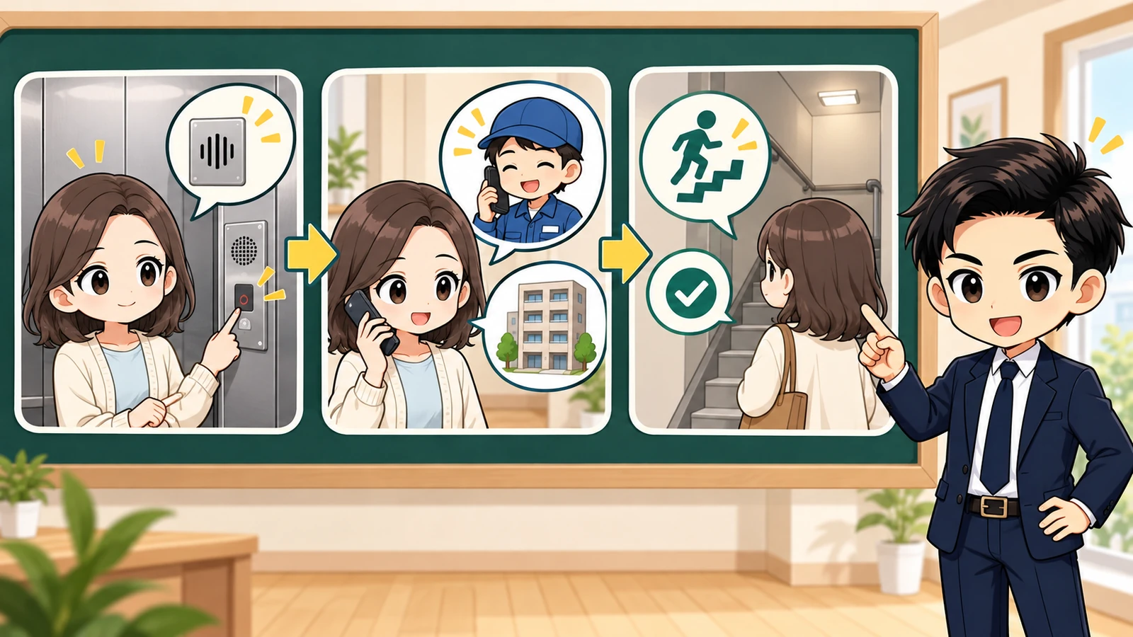 ざわ先生が「賃貸でエレベーターが止まったら|閉じ込め・故障時の連絡順」の確認ポイントをまとめるイラスト