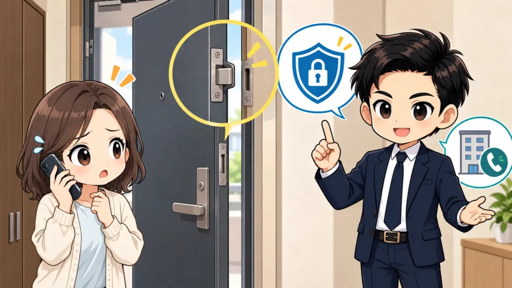 ざわ先生が賃貸住宅の玄関ドアが閉まらないときの防犯確保と管理会社への連絡順を説明するイラスト