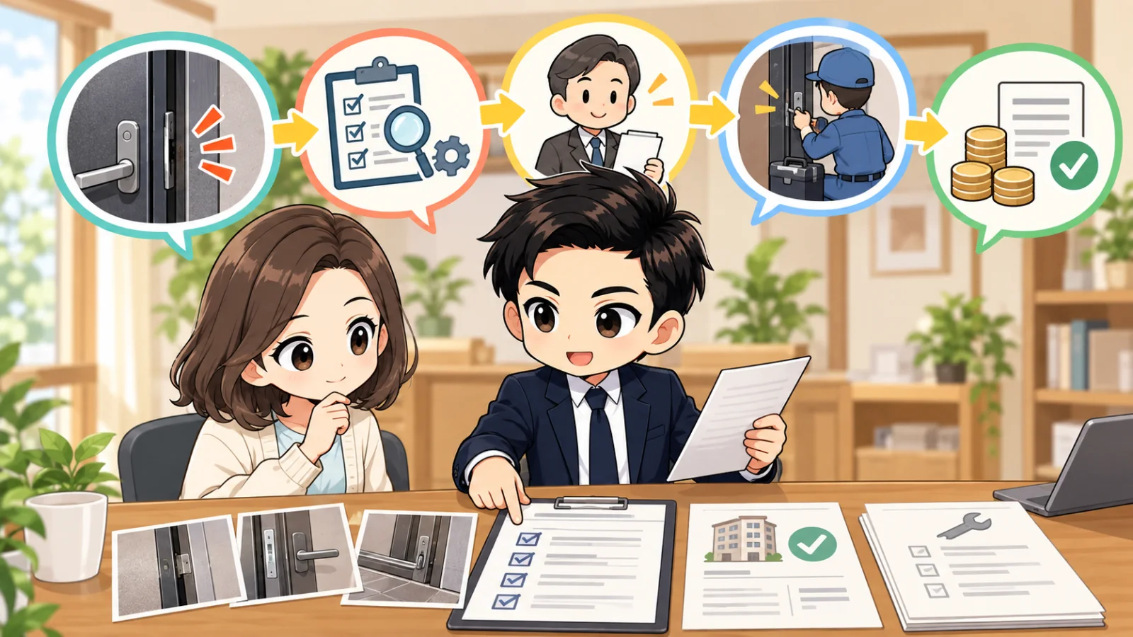 ざわ先生が玄関ドアの症状記録・管理会社連絡・修理承認・費用確認を整理する図解