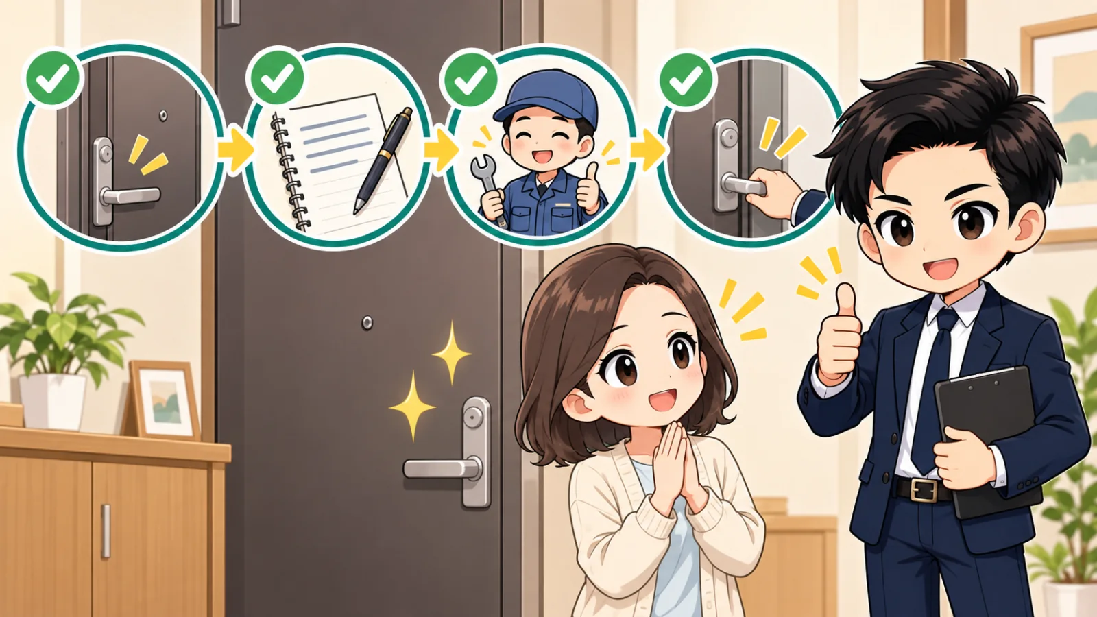 ざわ先生が「賃貸の玄関ドアが閉まらないとき|防犯・応急対応・連絡順」の確認ポイントをまとめるイラスト