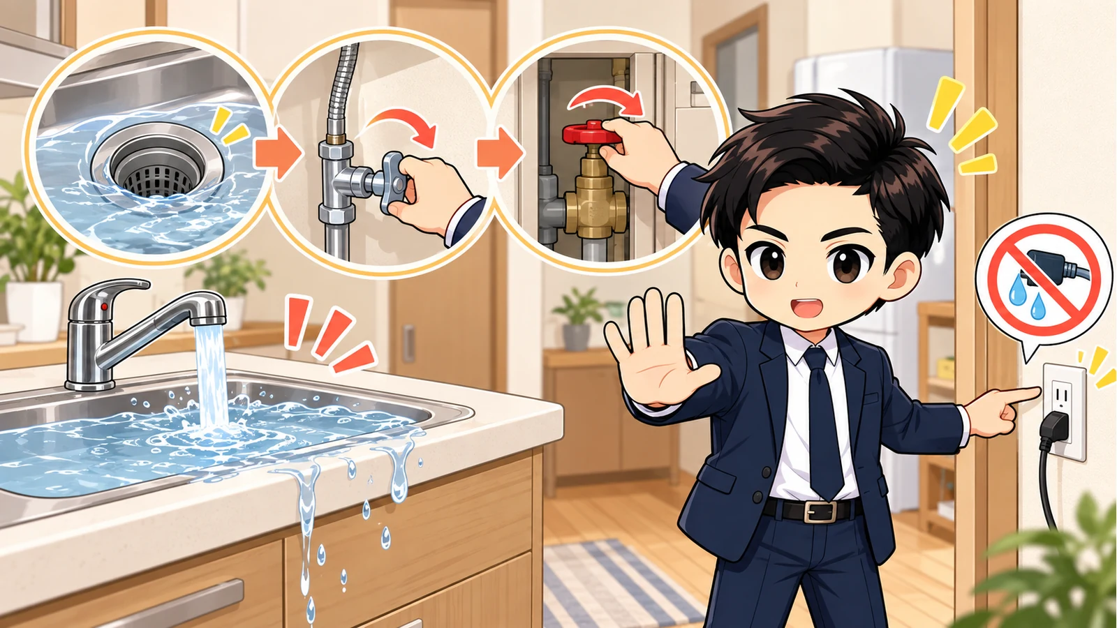 ざわ先生がキッチン蛇口の水を器具の止水栓と住戸元栓で安全に止める初動を示す図解