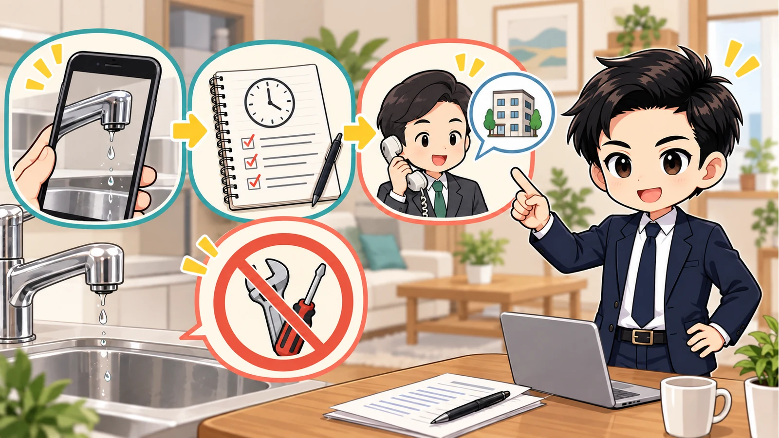 ざわ先生が蛇口の症状を写真で記録し管理会社へ連絡して分解を避ける流れを示す図解