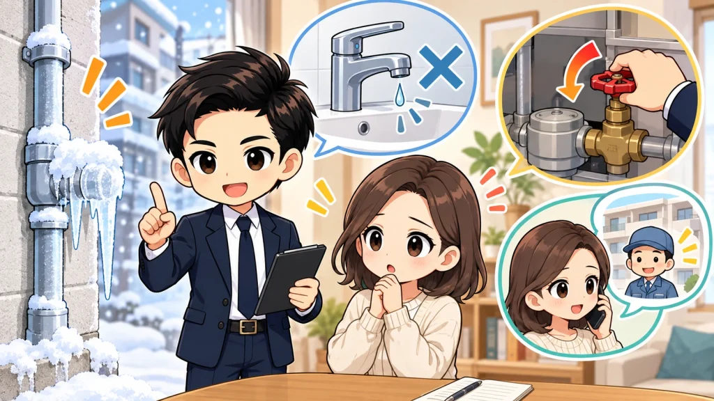 ざわ先生が賃貸住宅の水道管凍結で安全な解凍・止水・管理会社への連絡順を説明するイラスト