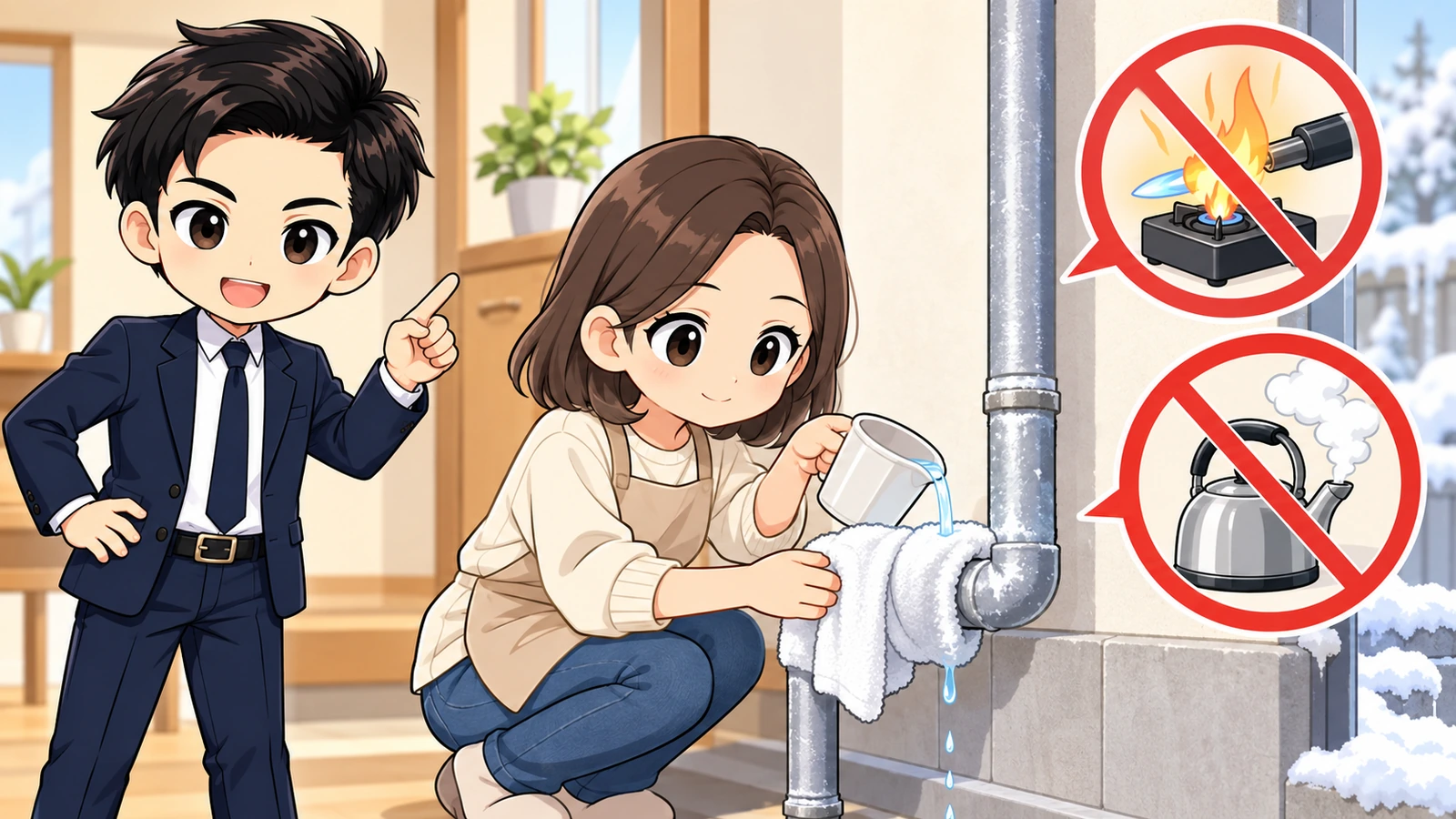 ざわ先生が凍結した賃貸の水道管へタオルとぬるま湯を使い安全に待つ手順を示す図解
