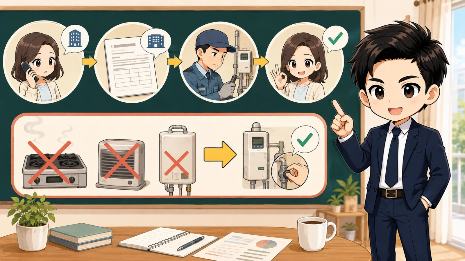 ざわ先生が管理会社への報告記録と再使用前の点検を確認する場面