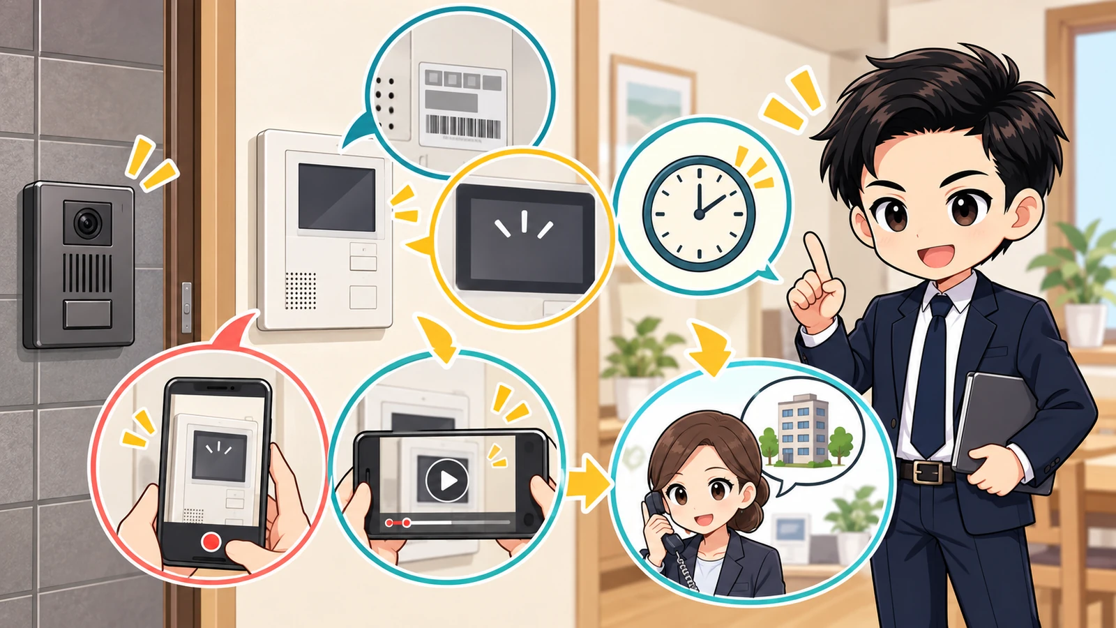 ざわ先生がインターホンの型番、表示、発生時刻、写真を記録して管理会社へ連絡する場面